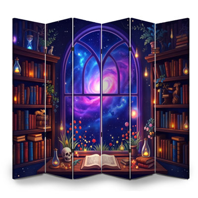 6 panneaux paravents pliant paravent Royal Magical Cosmic Library Starry Night Sky Glowing Lanterns Bookworm Toile écran séparateur
