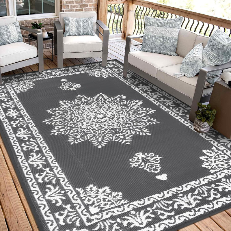 Reversible Outdoor Rug Plastic Straw Patio Rug Large Camping Mat, Rectangle 5' x 8', Gray