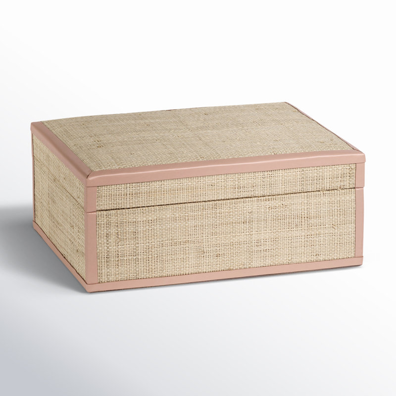 Boîte décorative en raphia et cuir faite à la main Hadaway, H 3,5 po x l 9 po x P 7 po, Rose / naturel