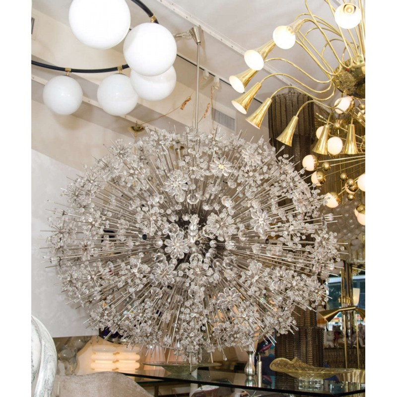 Lustre sphérique clair Spoutnik Stella, Chrome brossé, Fumée, 34” Wide x 30” Height