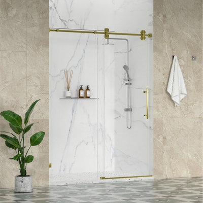 Porte de douche coulissante simple sans cadre en verre brossé doré de 3/8 po de l 62 po x H 76 po Radiance