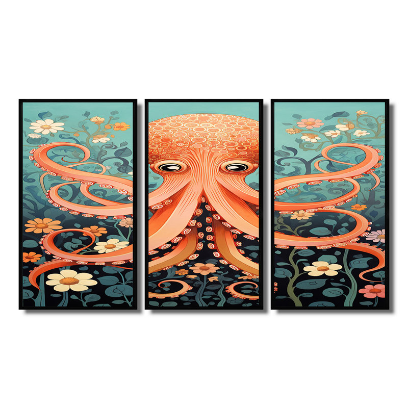 Manahan - ensemble de reproductions d'art mural pieuvre / calmar, Cadre flottant noir, H 32 po x l 48 po x P 1 po