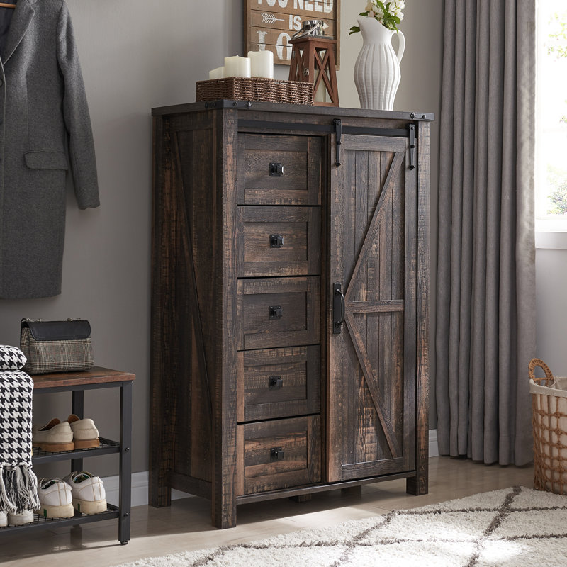Charithra 5-Drawer Chest with Sliding Barn Door, Dark Rustic Oak