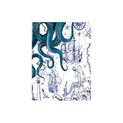 Coastal With Octopus And Ships,Built-In Back Wood Frame, Canvas Print Wall Art, 24W X 36L