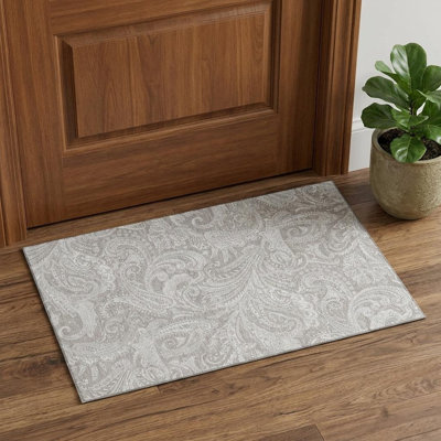 3' X 5' Taupe And Ivory Paisley Washable Area Rug With UV Protection