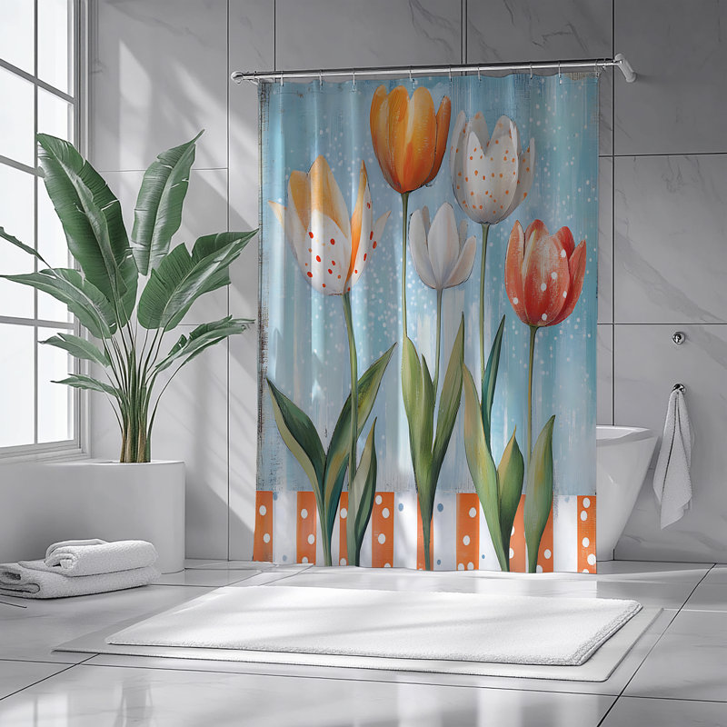 Rideau de douche Tulip Parade, H 72 po x l 71 po, Motif floral bleu