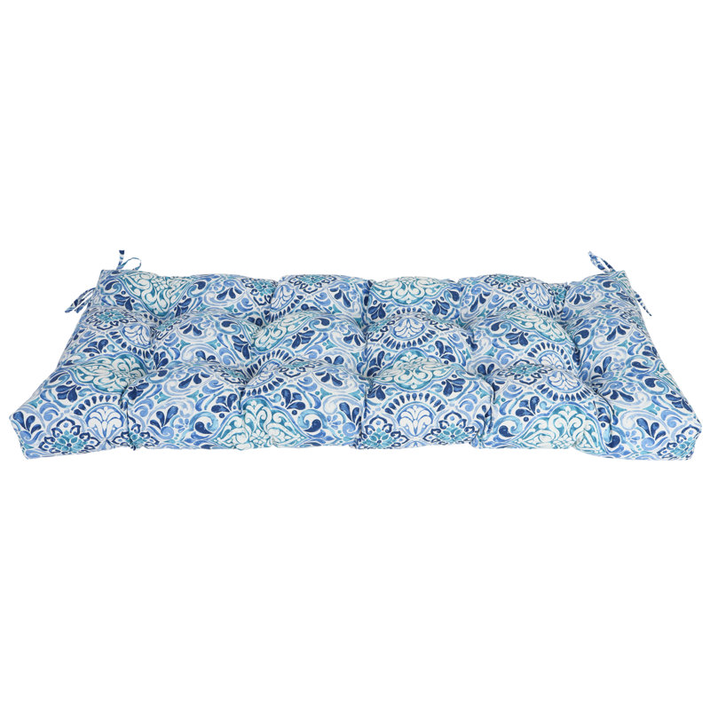 Tufted Outdoor Bench Cushion, 51" W x 19" D, White/Blue/Fiorella Baltic Moroccan