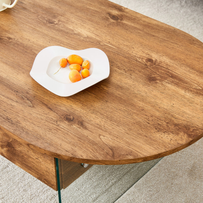 Cozy Natural Oval Double Drawer Coffee Table - Multi-Functional Design.Coffee table with double drawers. The board surface is MDF sticker, and both sides are transparent tempered glass.
