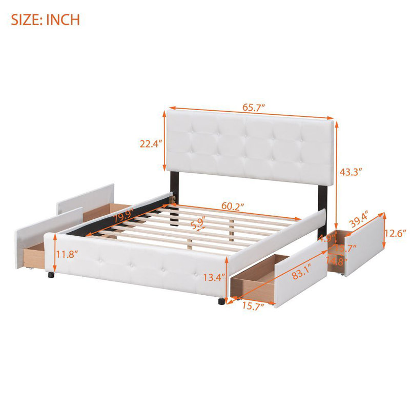 Eural Upholstered Platform Bed with Classic Headboard and 4 Drawers, No Box Spring Needed, Linen Fabric, Queen Size, White
