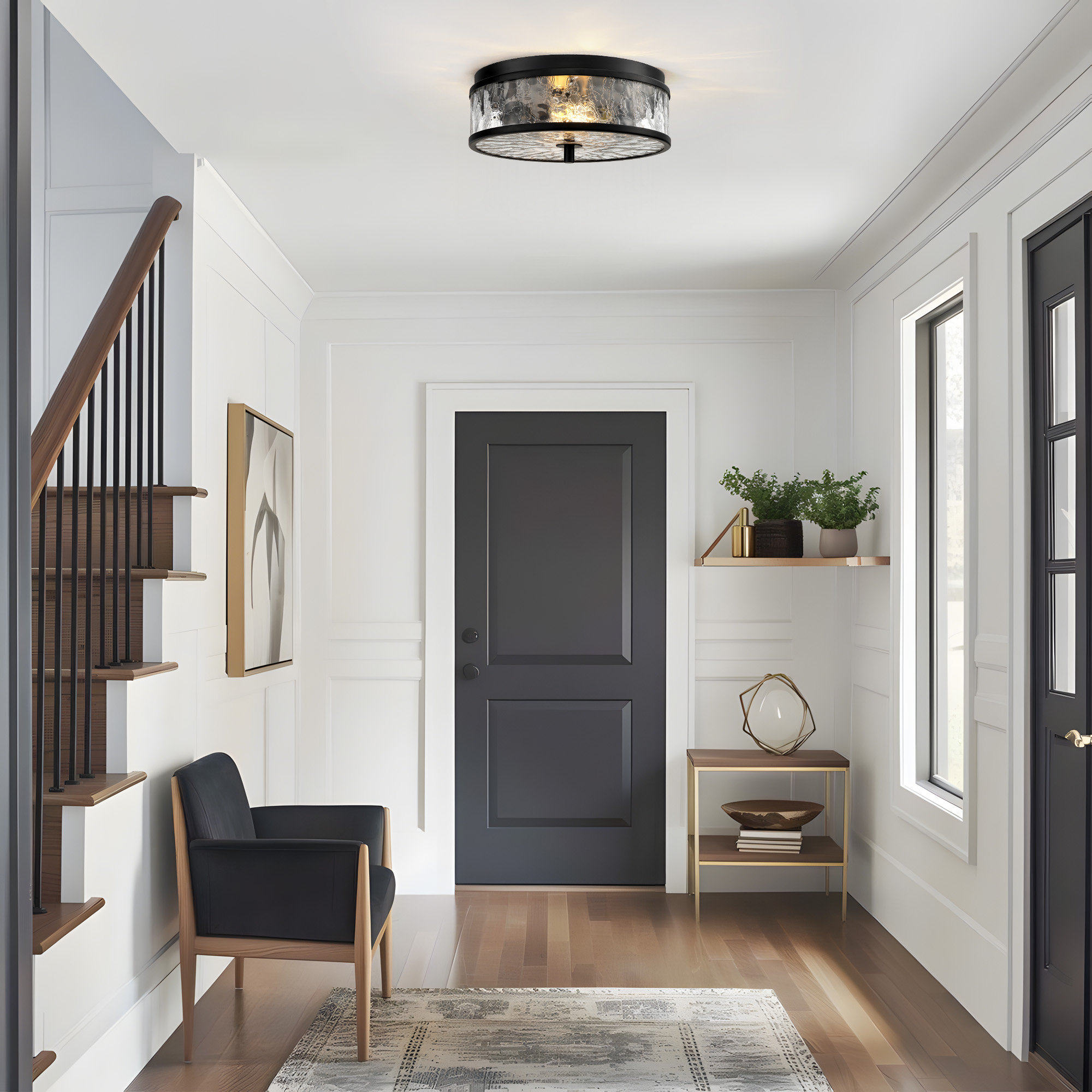 2-Light 12” Flush Mount Ceiling Light With Crackle Glass Shade, Matte Black