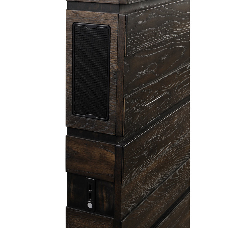Lit de style industriel avec lumières, bois massif, brun, P 88,76 po x l 80 po, H 68 po, 192 lb avec et avec profondeur de réglage + profondeur, 192 lb, charge, positionnement de la tête de lit