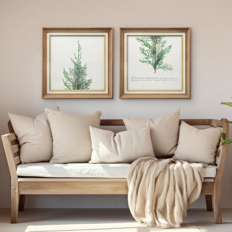 Green Pine Tree Forest Framed On Canvas 2 Pieces Set, Natural Gallery Frame, 26" H x 26" W