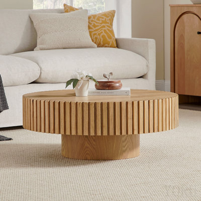 35.43'' Round Wood Coffee Table For Living Room, Modern Handcraft Drum Coffee Table, Circle Wooden Coffee Table For Small Space Apartment Ash
