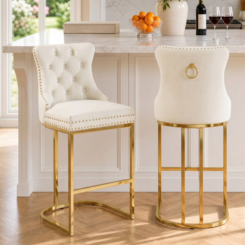 26" Modern Counter Height Barstools with Tufted and Nailhead Trim, Ivory Seat/ Gold Frame