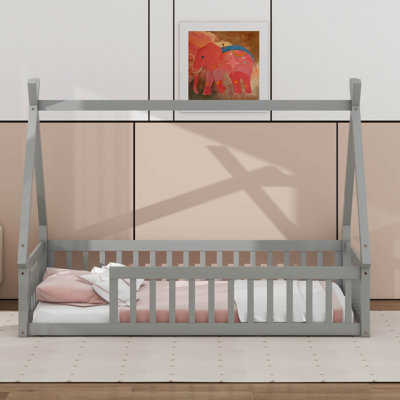 Twin Tent-Shaped Floor Bed With Design Guardrails Slats Stylish Safe Comfortable Platform Bed