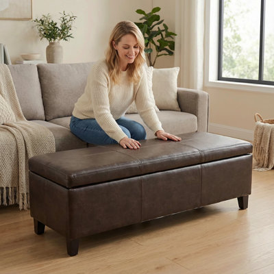 Banc repose-pieds de rangement rectangulaire de 50,25 pouces de largeur en simili cuir végétalien brun vieilli, assemblé, pour le salon, le vestibule et la salle familiale