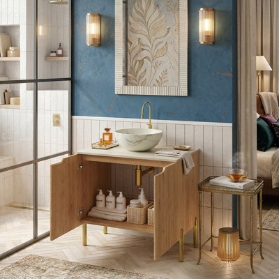 Meuble-lavabo autoportant de style média moderne de 30 pouces, armoire en contreplaqué avec plateau en pierre frittée et portes à fermeture en douceur, finition grain de bois