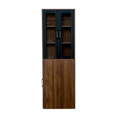 70.87" H Display Storage  Cabinet , 4 Tier multi-functional pull-out multi-tier storage shelf & 2 Glass Doors, Modern Wooden Tall Bookshelf Bookcase for Living Room Home Office