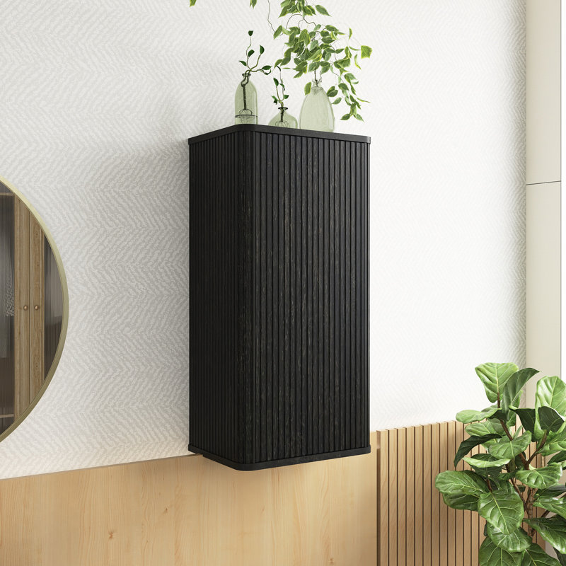 Armoire d'appoint flottante rayée en chêne brossé, armoire de rangement murale pour petits espaces, pré-assemblée, Noir