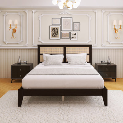 Wood Frame Queen Bed With Rattan Headboard