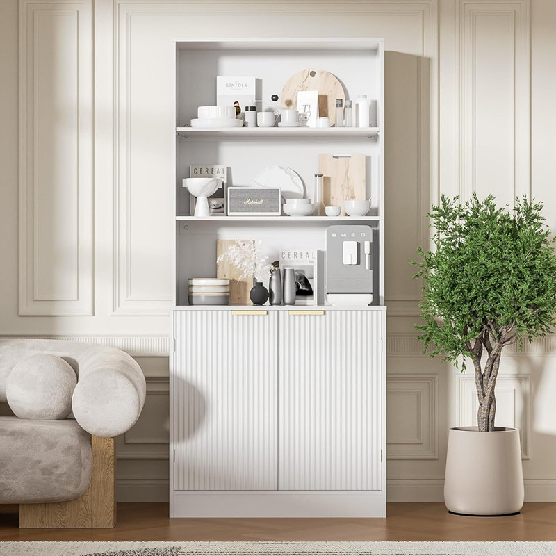 Bibliothèque de 67 po de hauteur avec 2 portes, présentoir sur pied à 5 tablettes et rangement ouvert, bibliothèque moderne pour bureau à domicile ou salon, blanc