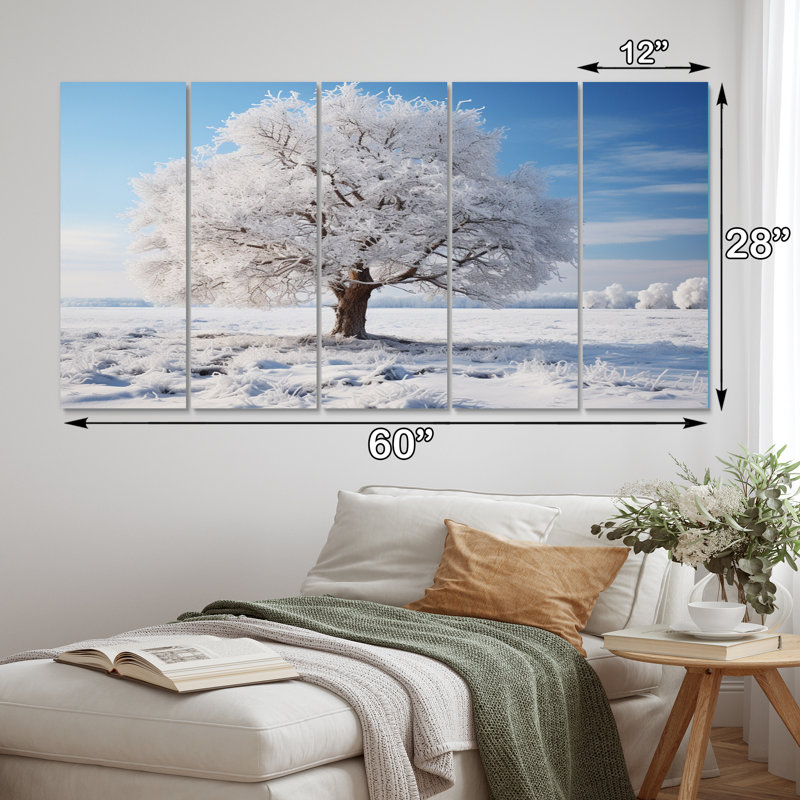 Arbre blanc dans un paysage d'hiver IV - paysages, art mural sur toile - 5 panneaux égaux