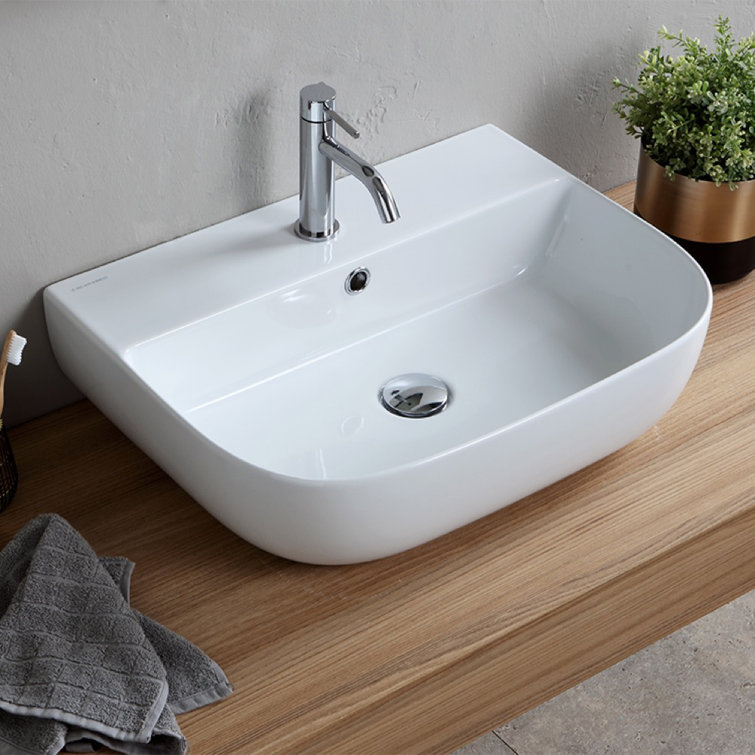 Scarabeo By Nameeks 16.6'' Glossy White Ceramic Rectangular Vessel, Wall Mount Bathroom Sink with Overflow