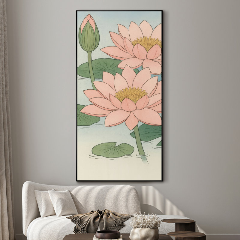 Très grande reproduction d'art sur toile - Fleurs de lotus roses au-dessus de l'eau, décoration pour salon ou chambre à coucher - «Assemblage requis du cadre (cadre non fini)»