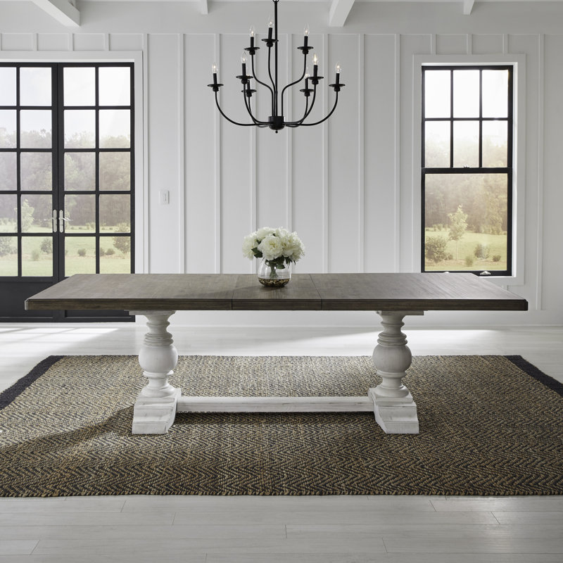Chalita Trestle Dining Table with 18" L Self-Storing Leaf, Brown/White