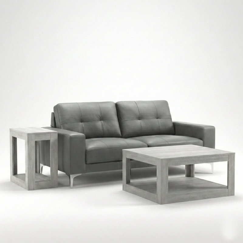 Webster Genuine Leather 3-Piece Living Room Set, Gray