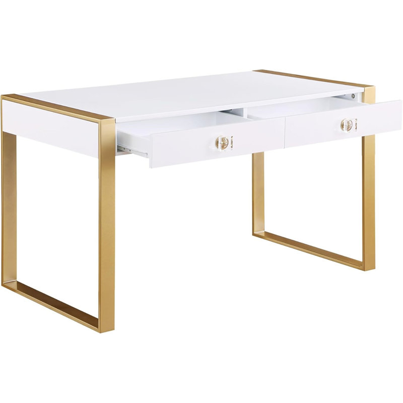 Modern White/Gold 2 Drawer Computer Desk For Office (Not Include Stools)