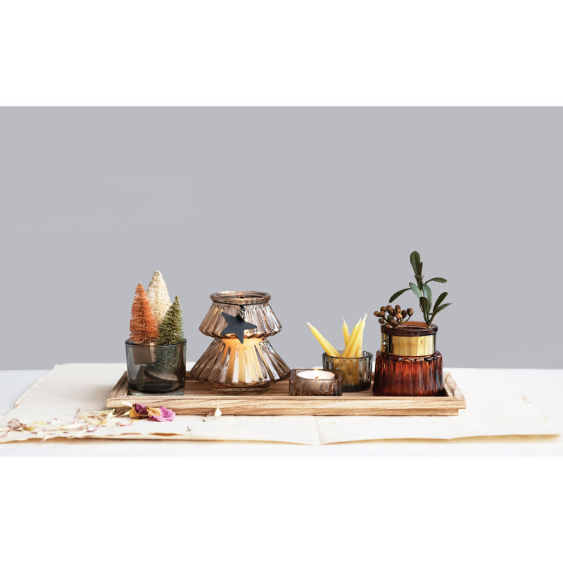 Wood Tray With 5 Glass Tealight/Votive Holders