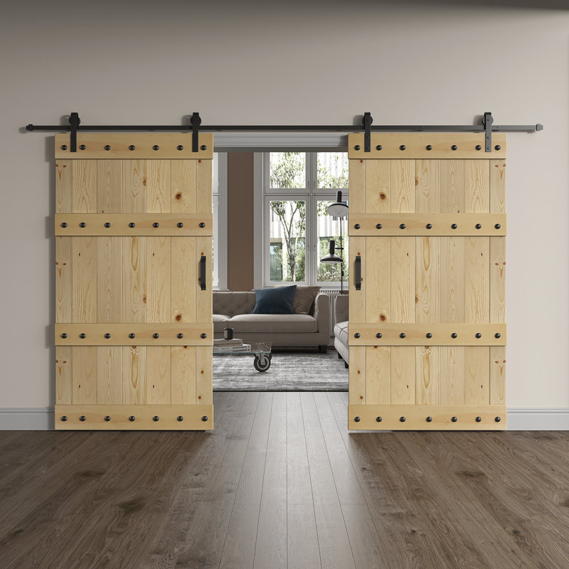 Porte de grange coulissante double en bois de pin avec trousse de quincaillerie Castle Series, Brut, 72 po x 84 po