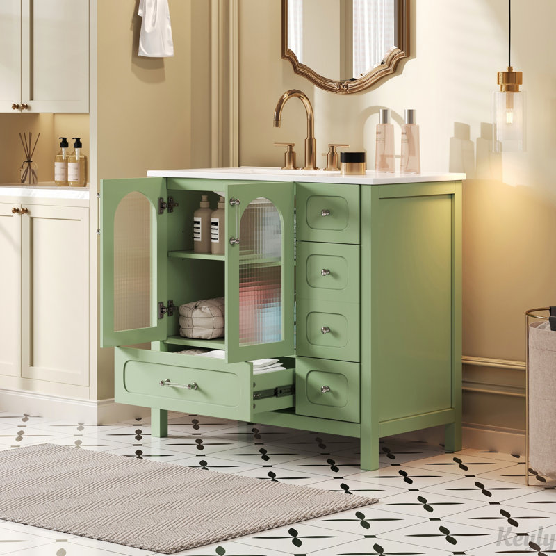 Armoire de salle de bain 36 po avec quatre tiroirs et portes gaufrées à texture douce