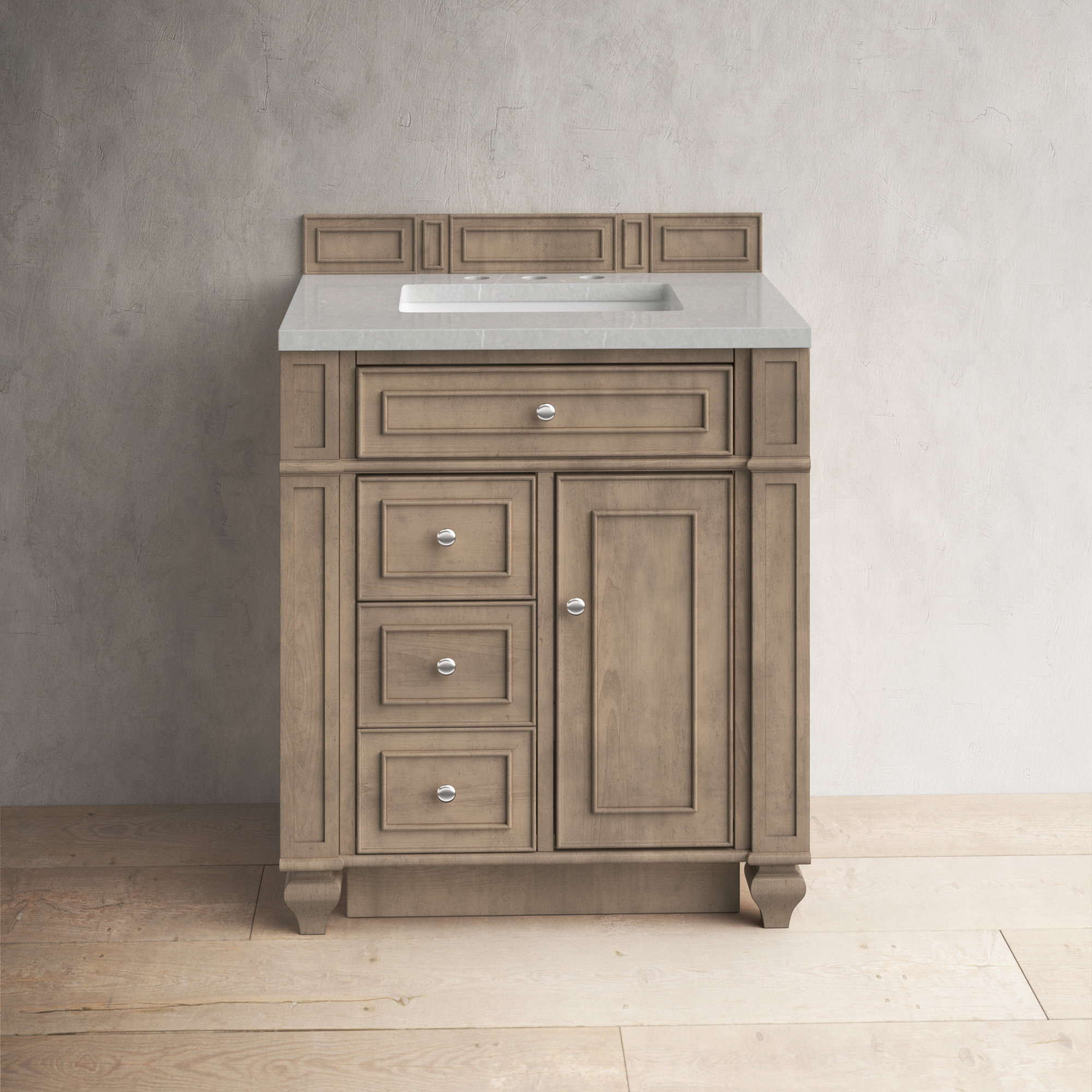 Bristol 30'' W Single Vanity, Carrara White, 8" Widespread, Whitewashed Walnut