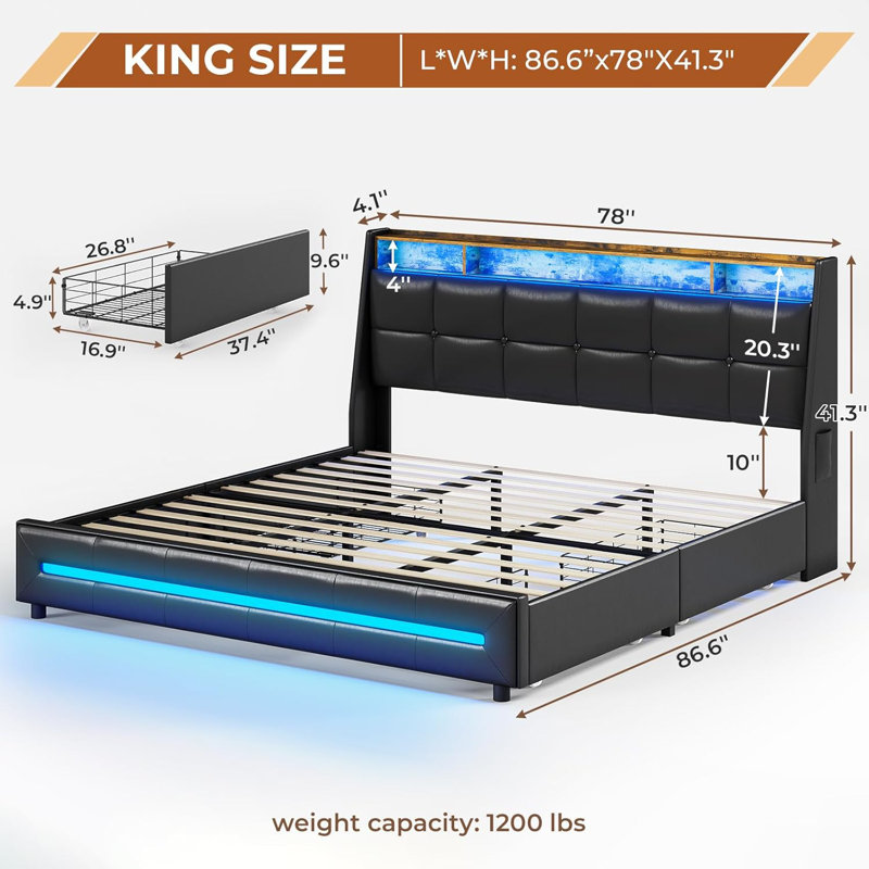 LED Upholstered Platform Bed Frame with 4 Storage Drawers and Storage Headboard, Black PU, King
