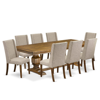 L'ensemble de table de cuisine 9 pièces comprend une table de cuisine et 8 chaises de salle à manger en tissu de lin brun clair avec dossier rembourré - finition noyer antique.