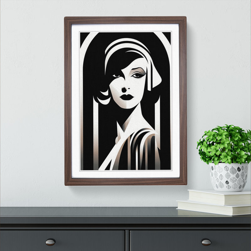 Art Deco Woman Line - Single Picture Frame Print on Wood, Walnut Framed, 46cm H x 34cm W x 2cm D