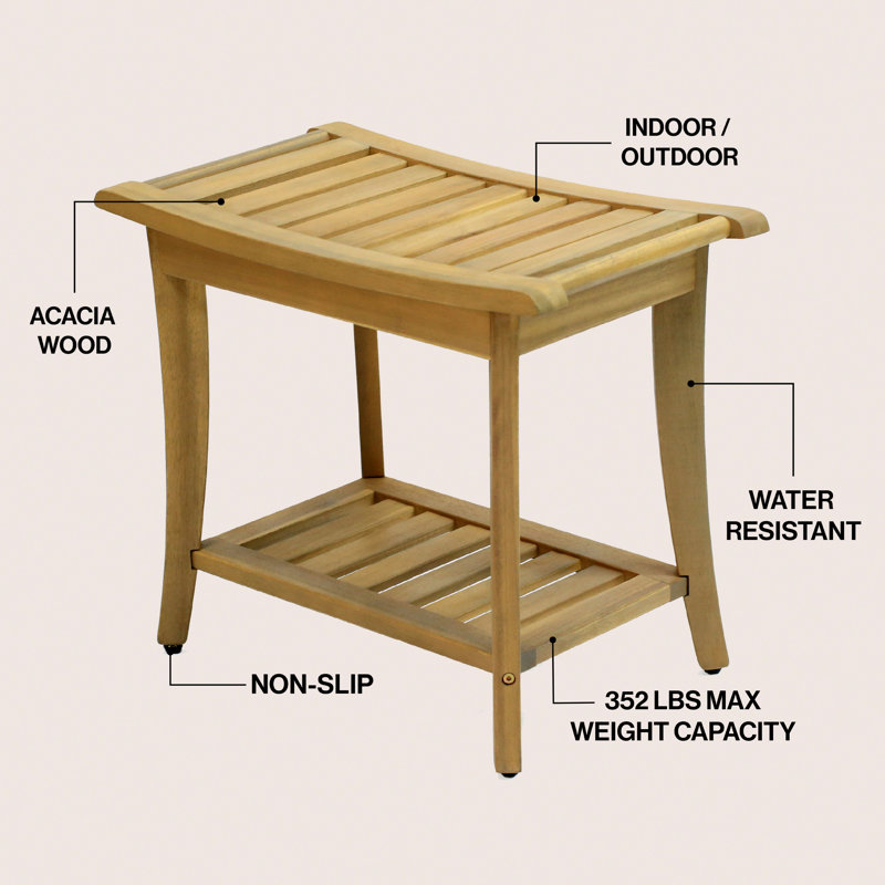 Banc de douche Tucker Modern en teck clair de 22 po avec tablette de rangement et tabouret de spa à 2 niveaux résistant à l'eau pour la salle de bain et l'extérieur