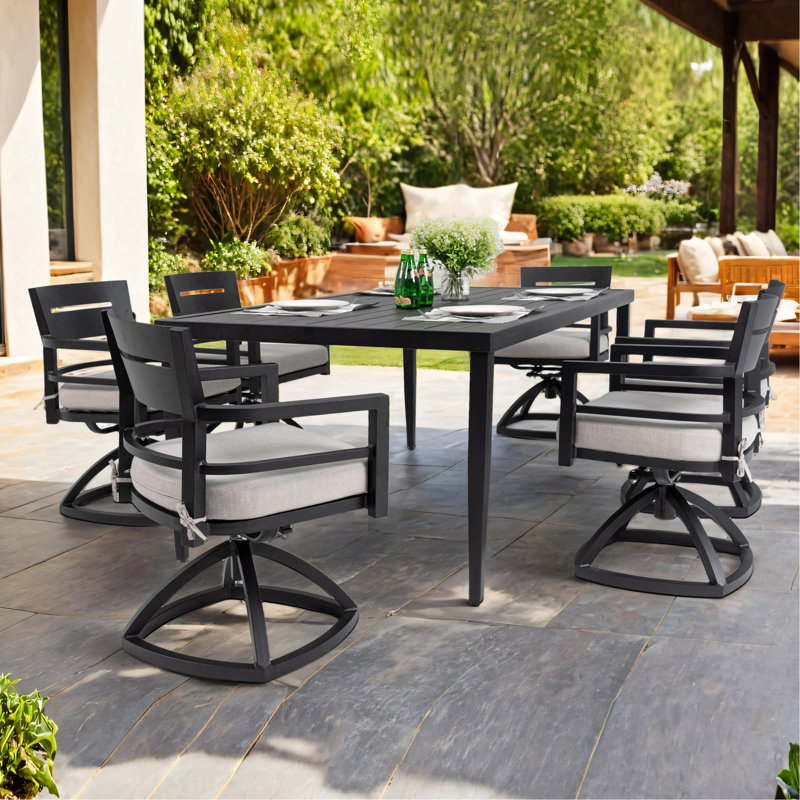 7PC Patio Aluminum Furniture, Modern Dining Set Including 6 Swivel Rockers Sunbrella Fabric Cushioned And Two-Tone Table Top Rectangle Table With Umbrella Hole, Matte White+Grayish