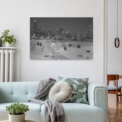 Vue en plongée de la neige, paysage couvert de bâtiments en arrière-plan, Chicago, Illinois, États-Unis, architecture contemporaine abstraite, art urbain