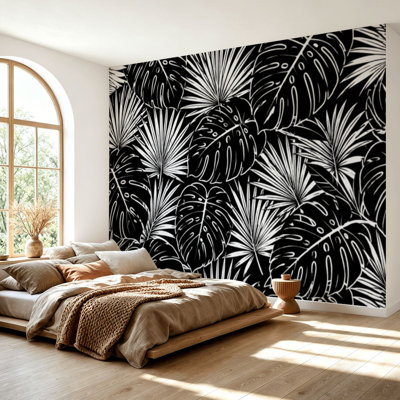 Papier peint adhésif à motif de feuilles tropicales blanches, papier autocollant, amovible, à contact mural pour salon, chambre à coucher H 69 po x l 96 po
