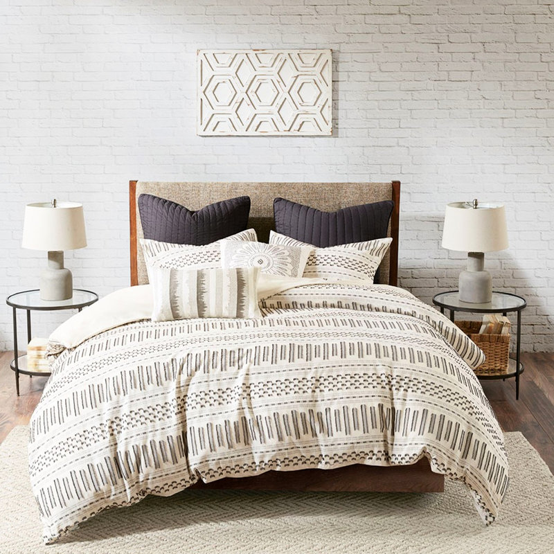 Literie en coton double / grand - / gris anthracite, 100% coton, rayures horizontales, édredon et 2 taies décoratives, finition semblable à la couette, double / grand lit encre + lierre, et gris anthracite, accents tissés, Bartacks cachés,