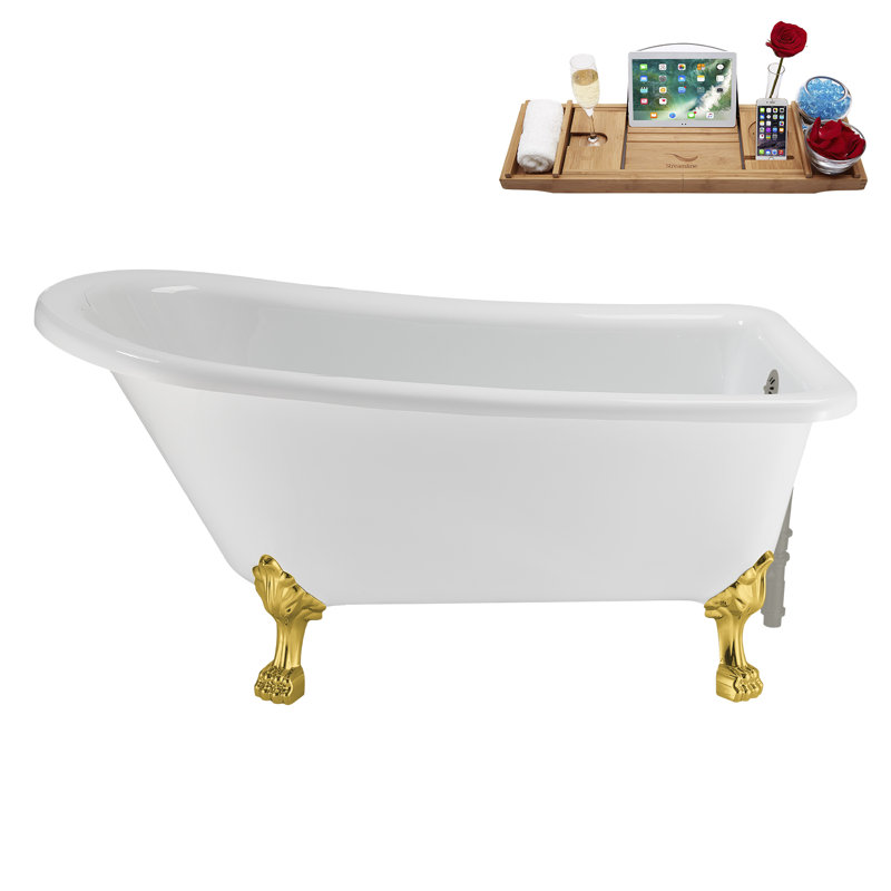 58" Streamlin Clawfoot Tub,Tray,Drain, Clawfeet, Polished Gold, Brushed GunMetal