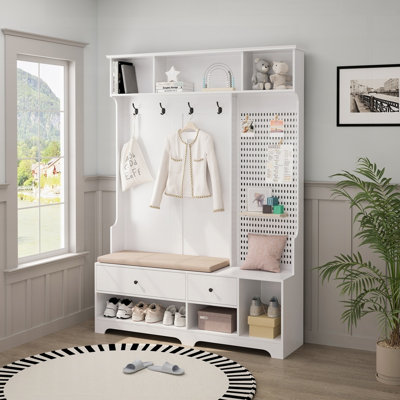 Multi-Purpose Hallway Hall Tree With Removable Linen Cushioned Entryway Bench, Coat Rack, Storage Shelves, And DIY Pegboard,For Hallways, Living Room by Lark Manor