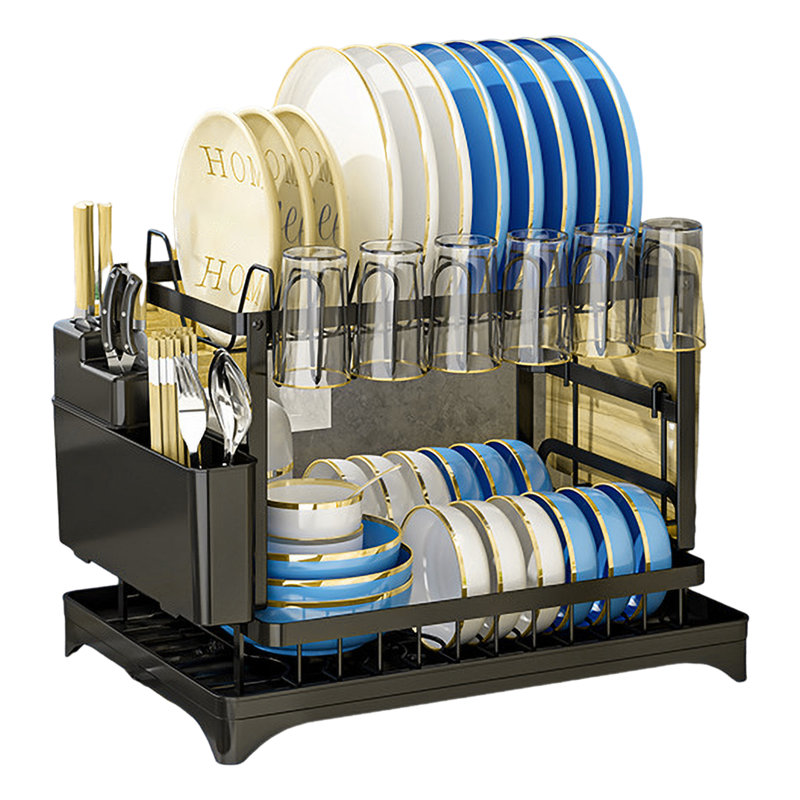 Dish Drying Rack with Drainboard Double-Layer Large Capacity Rustproof Strong Load-bearing Multifunctional Glasses Utensil Holder