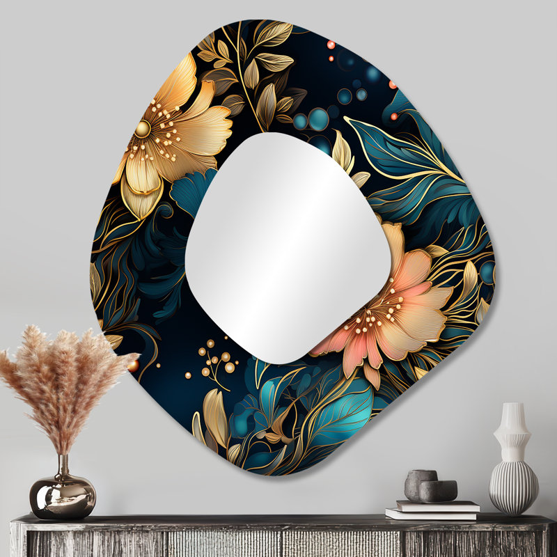 Fleurs élégantes, motif bohème I - miroir mural de forme unique Boho, miroir décoratif bohémien asymétrique, impression d'art en métal