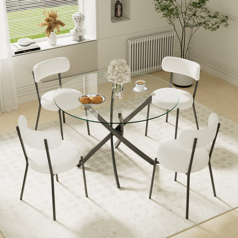 5-Piece Round Glass Dining Table Set, White, 29.5”H x 36”L x 36”W