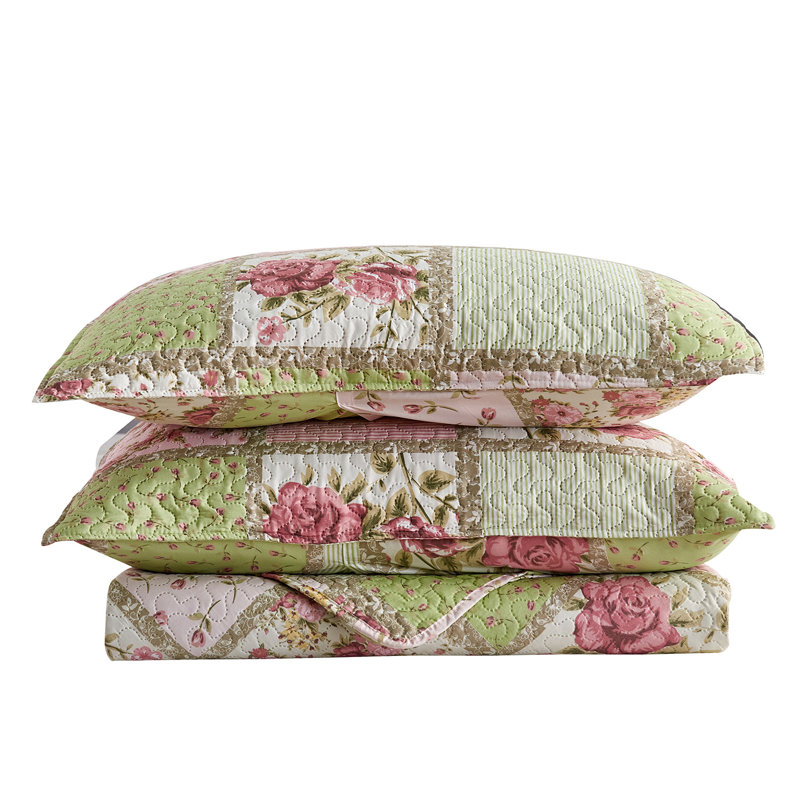 JML QSM04210203 Pink/Green Microfiber Reversible 3 Piece Quilt Set, Soft Bedding set, King Quilt  + 2 Pillow Cases