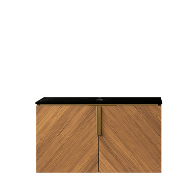 30" Sintered Stone Vanity With Black Pattern, Brown Oak Cabinet, No Sink Cover - Superior Water Resistance, Symmetrical Diagonal Texture Door Panels, Plywood Cabinet Top, Basin Or High Hardness,